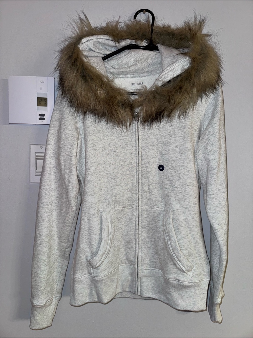 Hollister Grey Zip-Up Hoodie with Removable Faux Fur Hood Trim